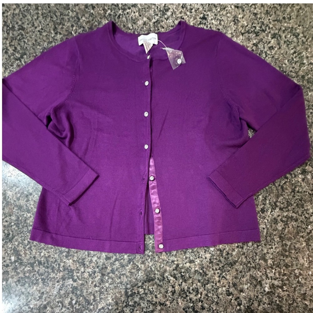 Jaclyn Smith Purple Cardigan Sweater Rhinestone Button Satin Trim Womens Large